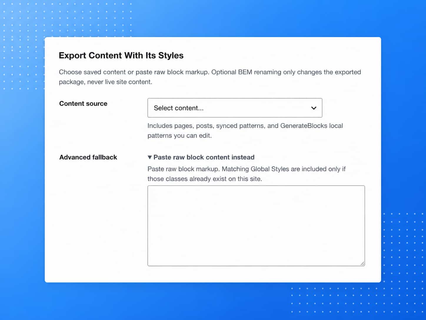 GB Style Transfer export screen for selecting GenerateBlocks Global Styles